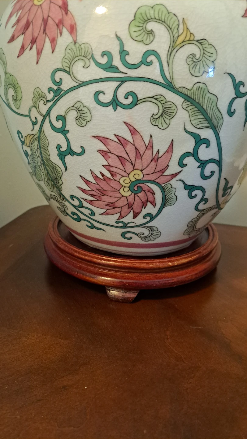 Large Ceramic Vase with Floral Design and Wooden Stand - photo 5