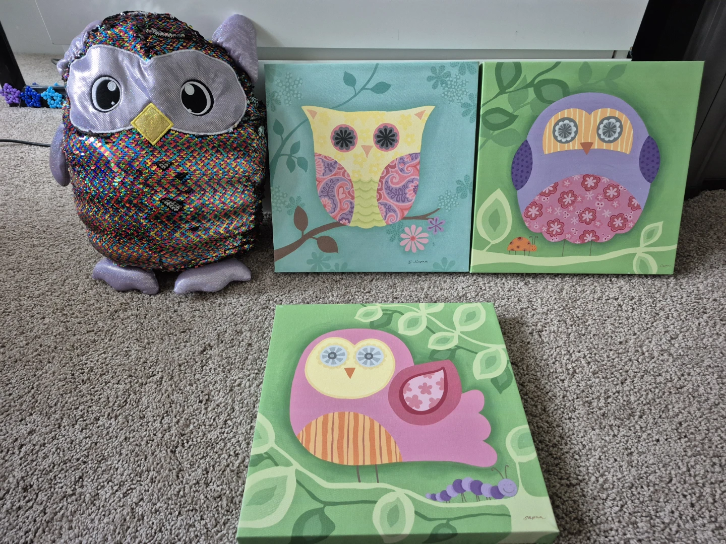 Set of 3 Owl Canvas Wall Art Prints & Plushie for Kids' room