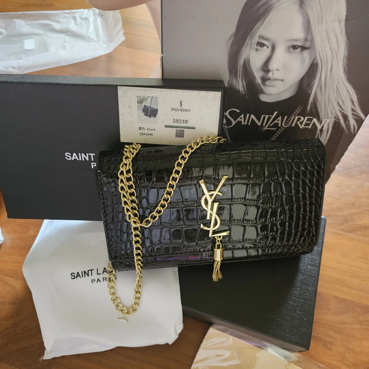 Saint Laurent Black Crocodile Embossed Wallet on Chain Bag