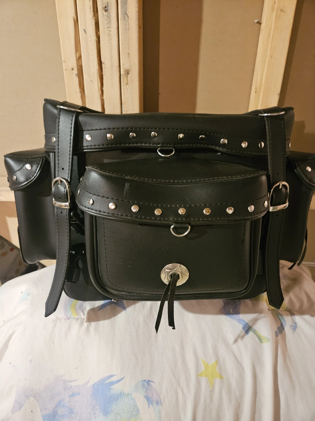 Black Faux Leather Motorcycle Saddlebags with Studs