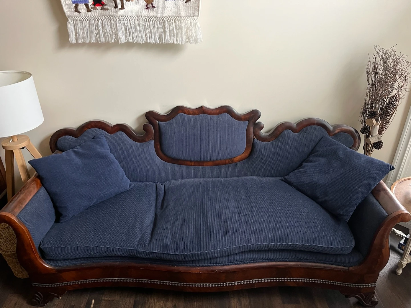 Vintage Wooden Sofa with Blue Upholstery
