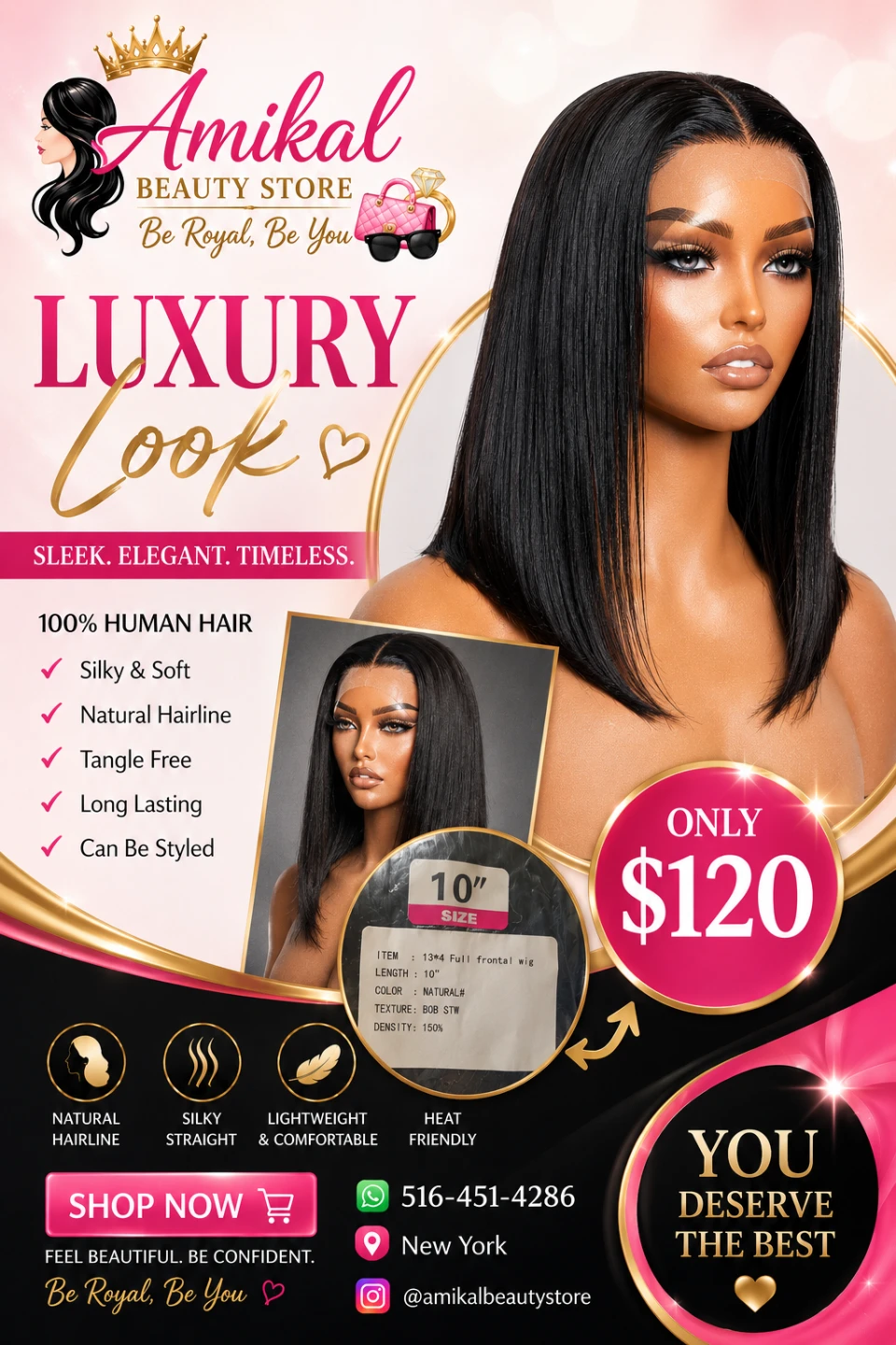 Amikal 10" 13x4 Full Frontal Wig - 100% Human Hair