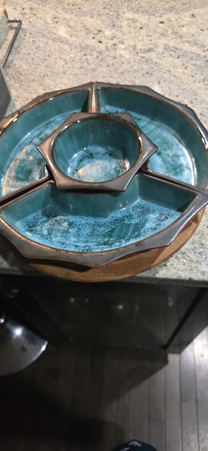 Ceramic Divided Serving Platter with Wood Base - photo 2