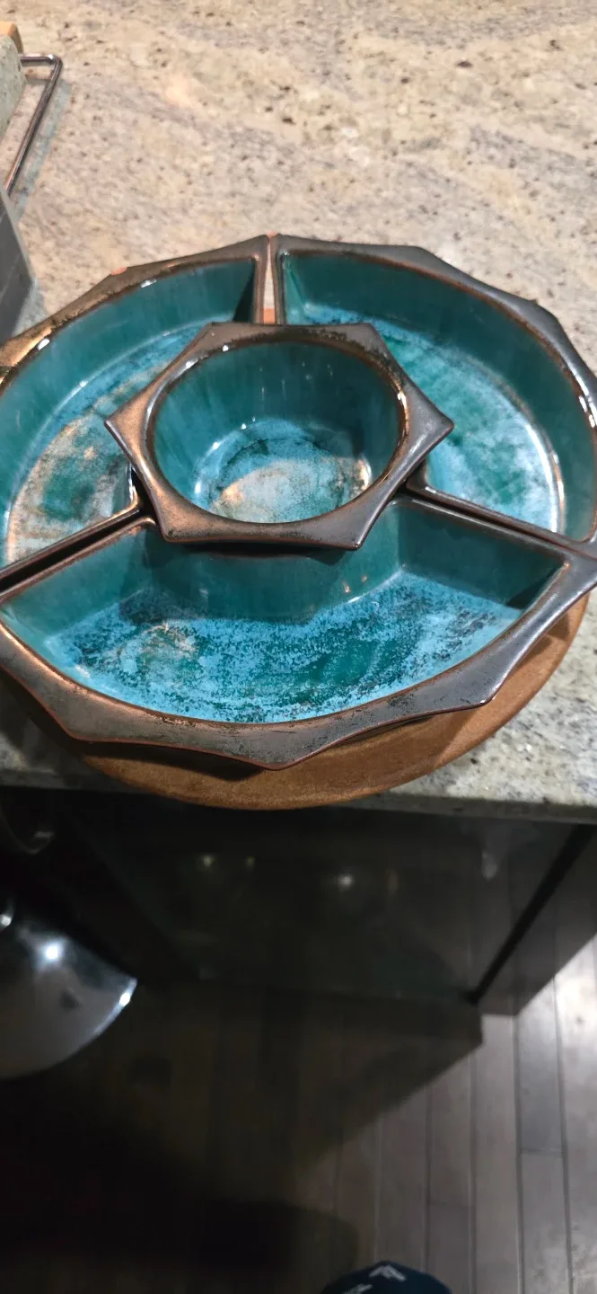 Ceramic Divided Serving Platter with Wood Base - photo 2