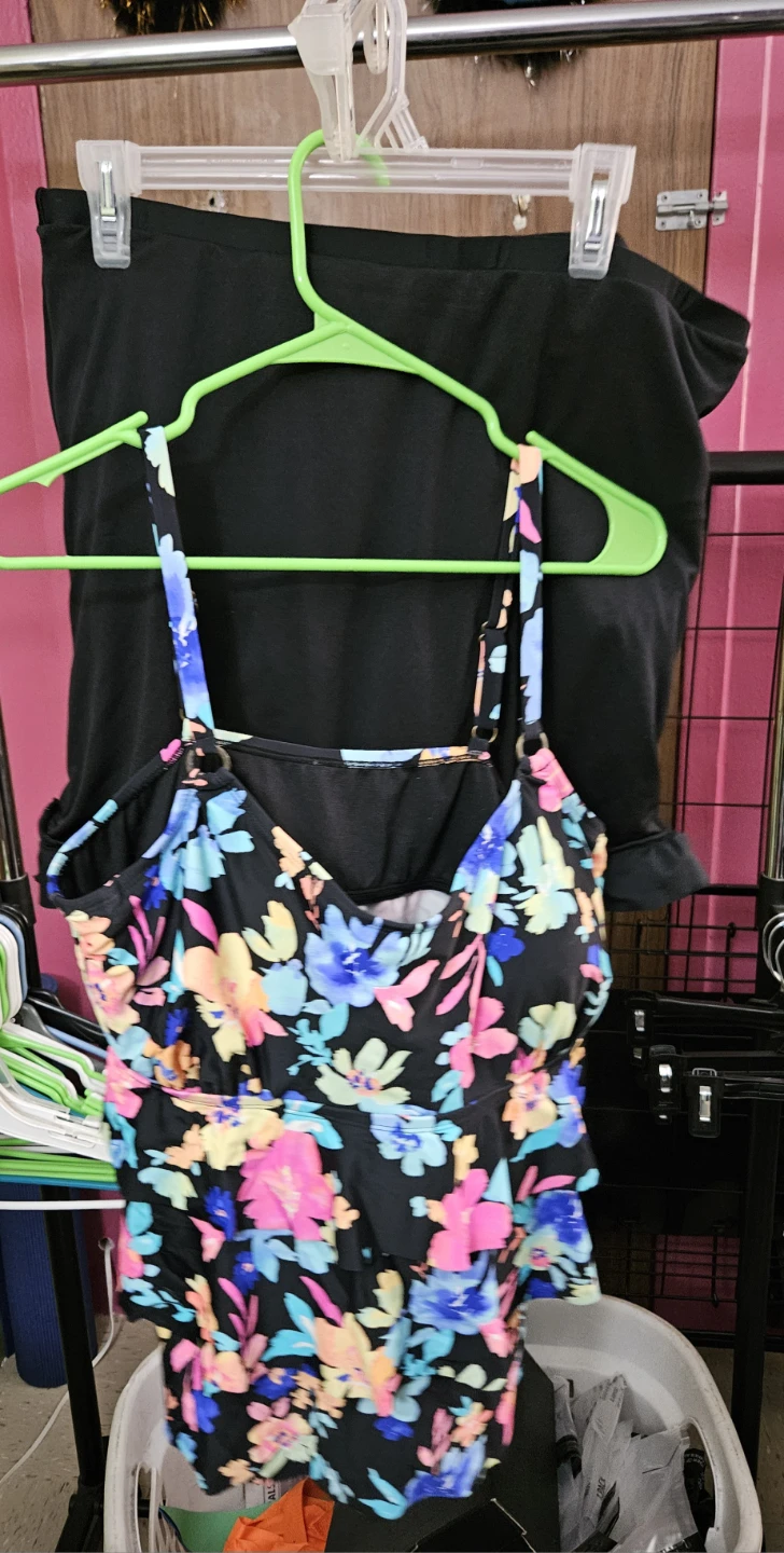 Black Floral Print Swim Top with Ruffle Skirt Swim Bottom