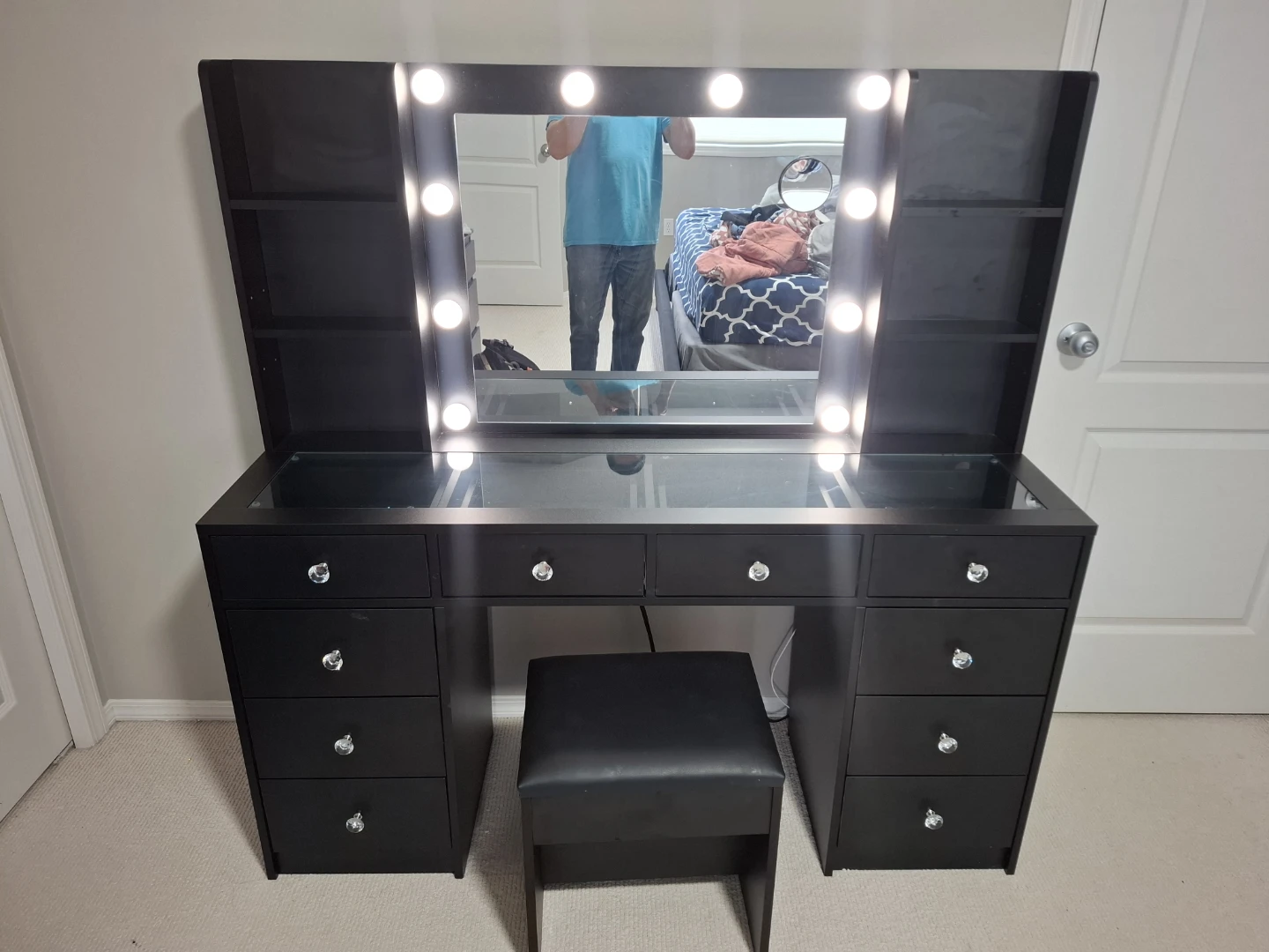 New Black Makeup Table with Lights and Stool