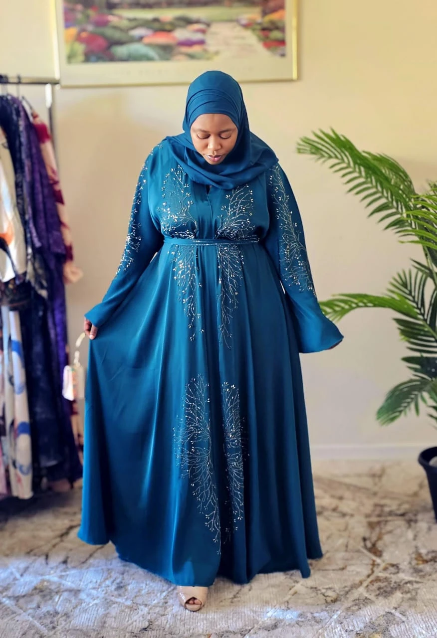 Teal Beaded Abaya Dress