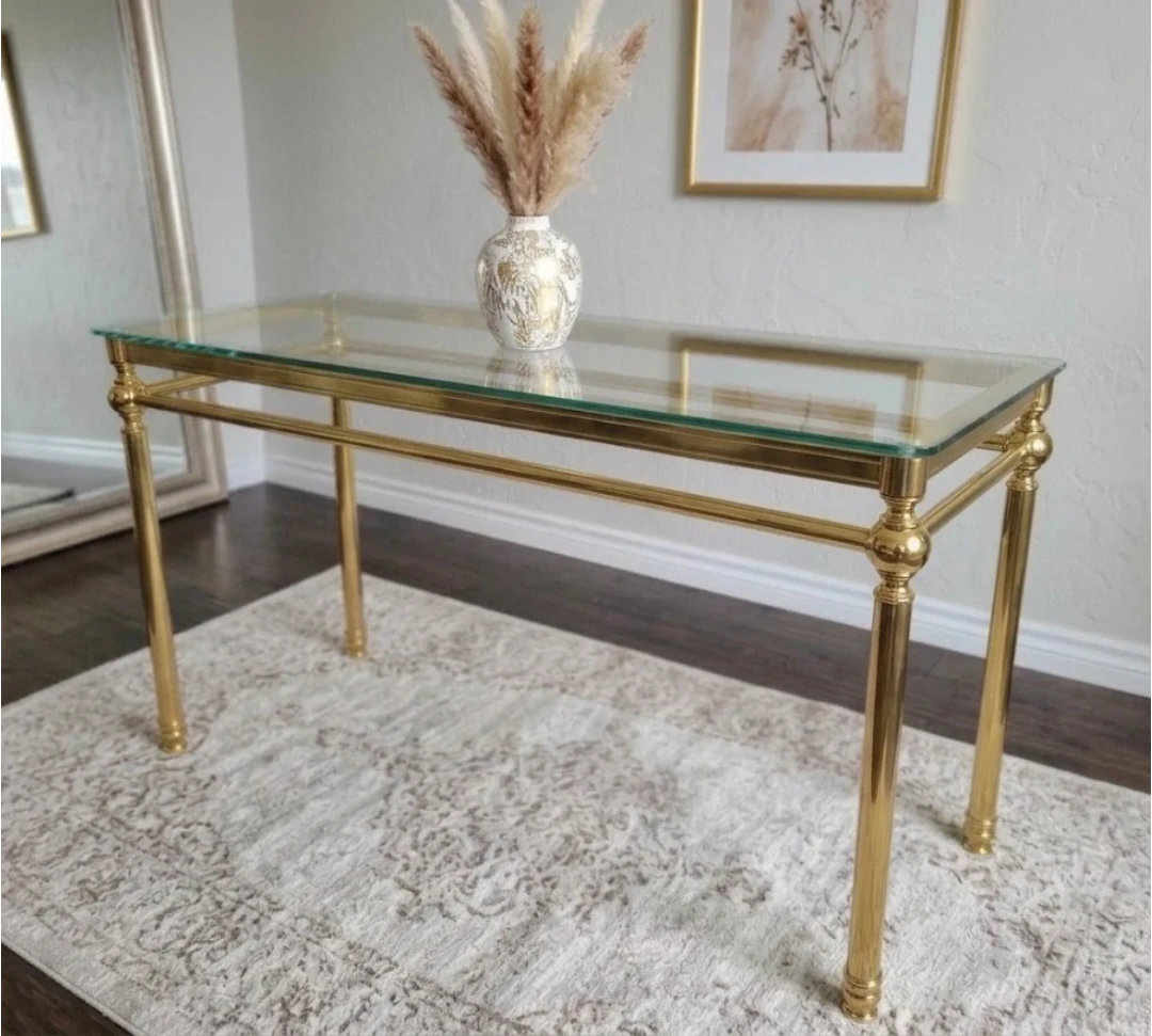 Vintage Hollywood Regency Brass and Glass Console Table