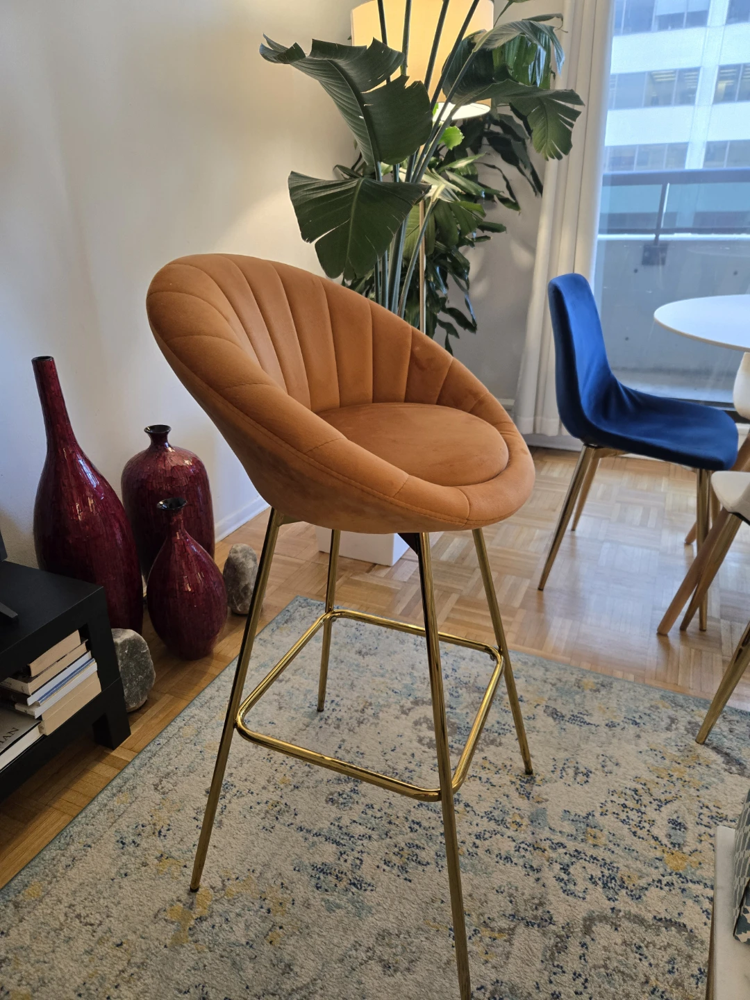 2 Orange Velvet Upholstered Bar Stool with Gold Legs - photo 2
