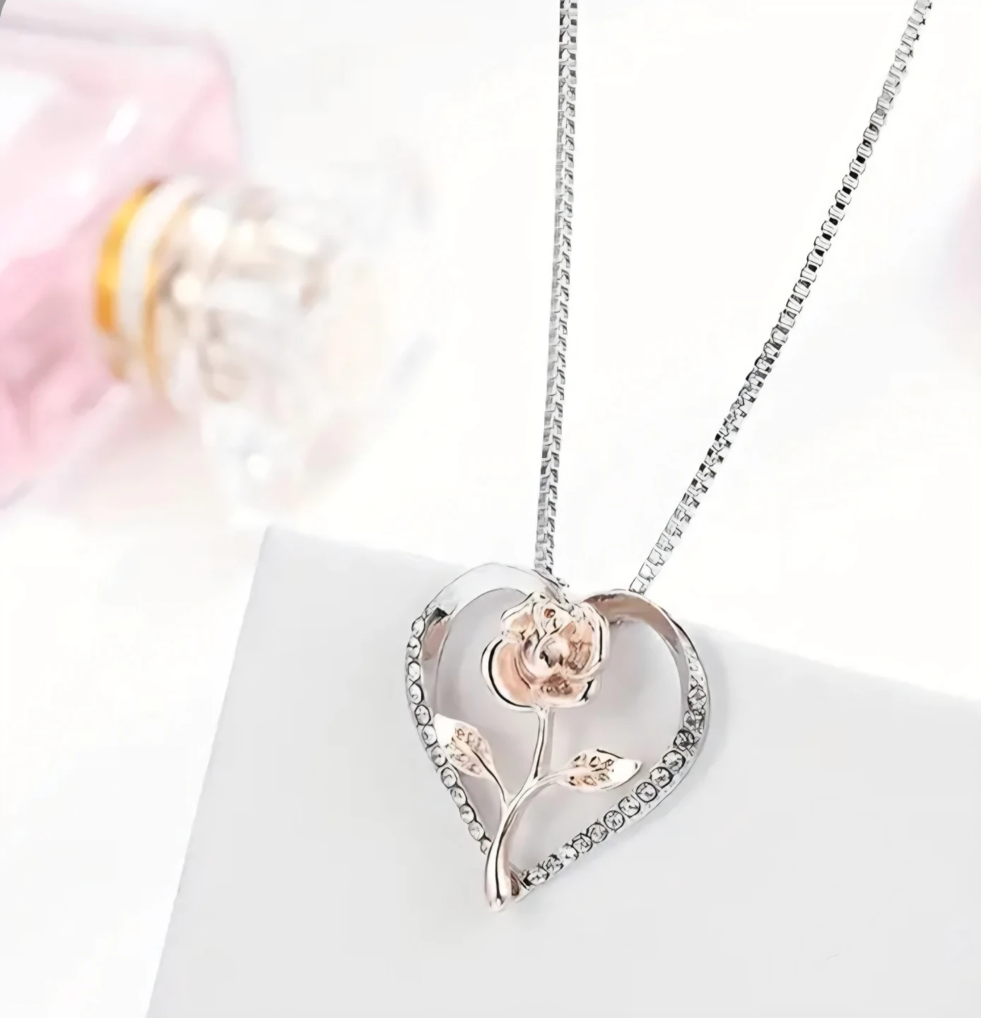 Silvery Heart Rose Necklace with Rhinestones - photo 2