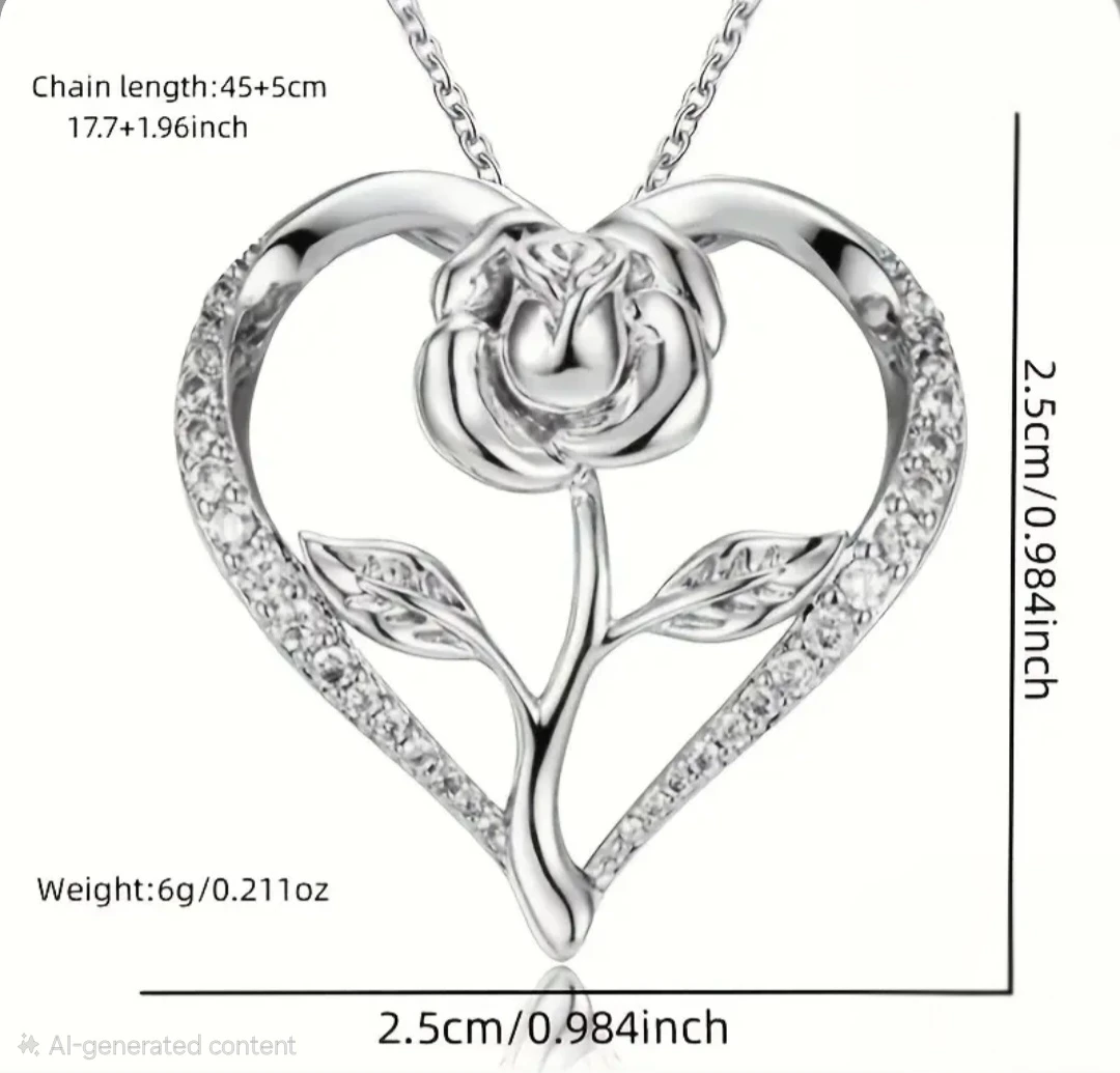 Silvery Heart Rose Necklace with Rhinestones - photo 3