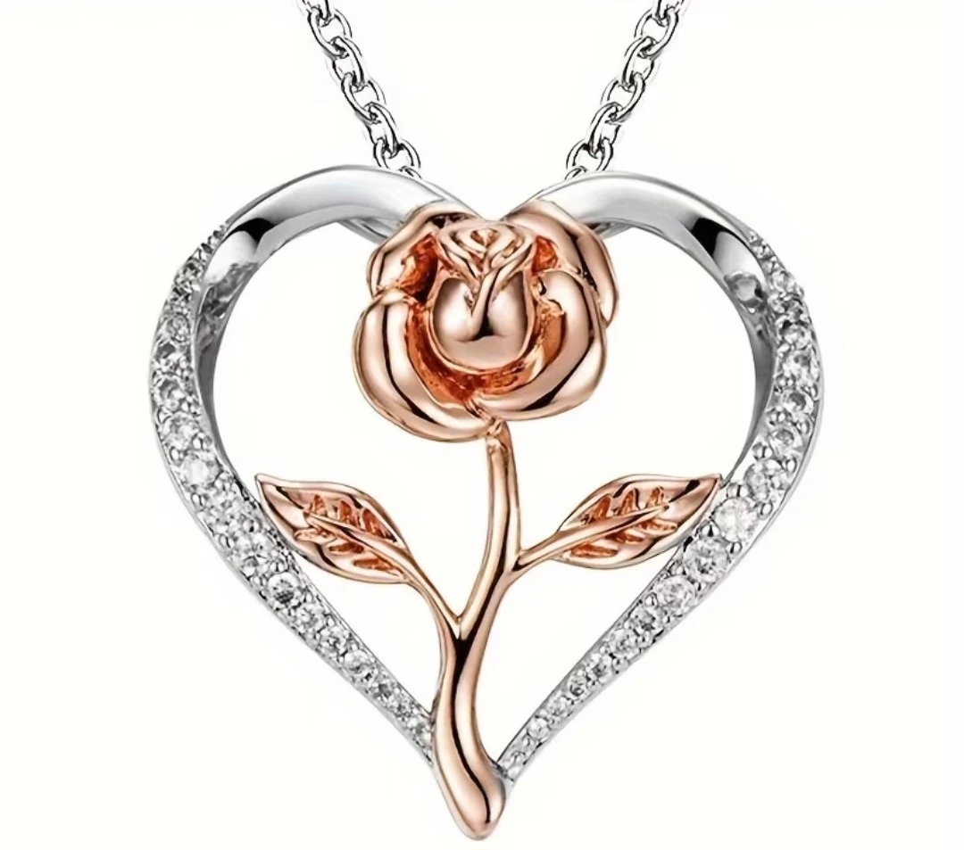 Silvery Heart Rose Necklace with Rhinestones - photo 4