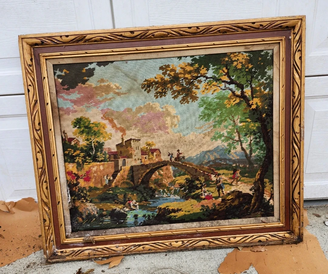 Framed Vintage Tapestry Landscape Scene