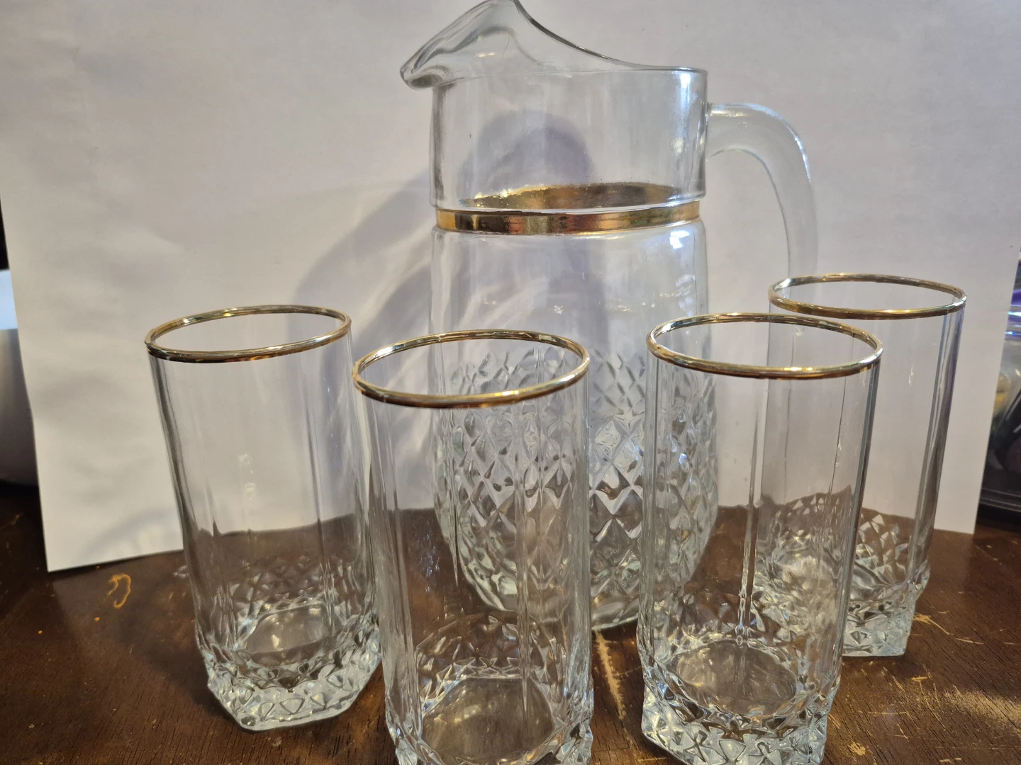 Glass Pitcher and Tumbler Set with Gold Rim