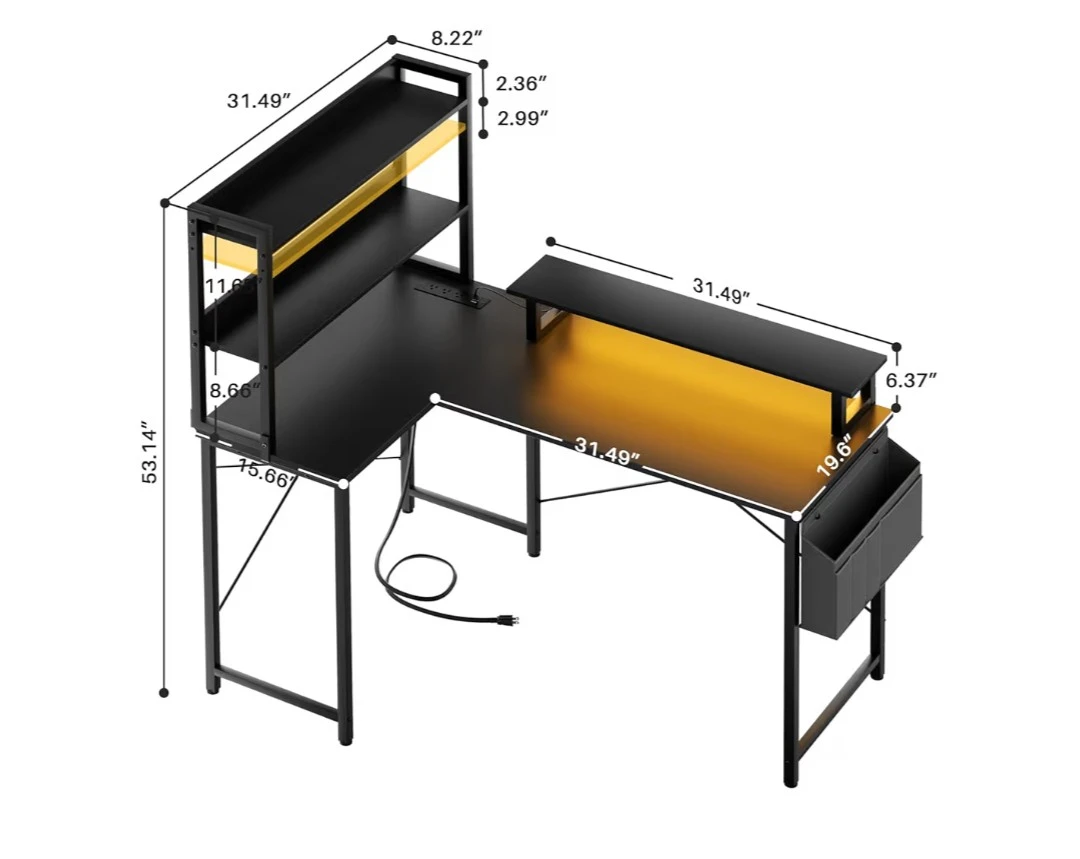 Black L-Shaped Computer Desk with Shelves and Power Outlet - photo 4