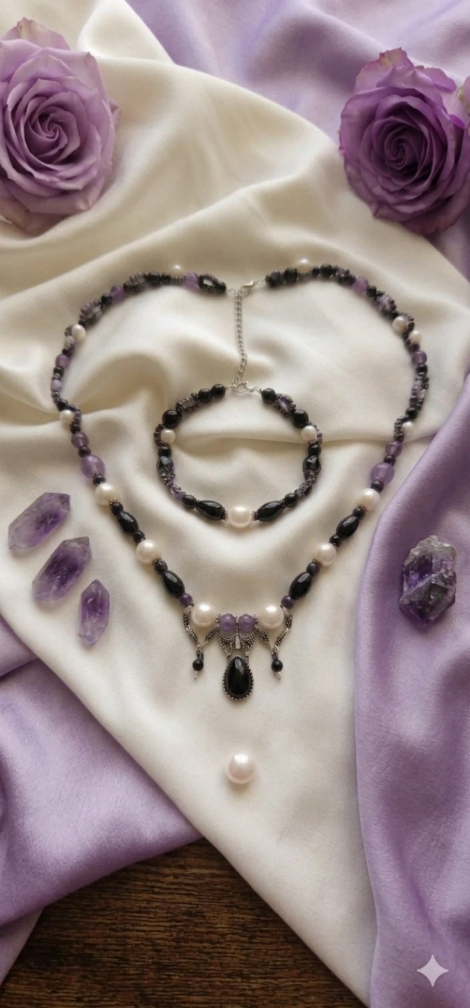 Handmade Purple and Pearl Necklace and Bracelet Set