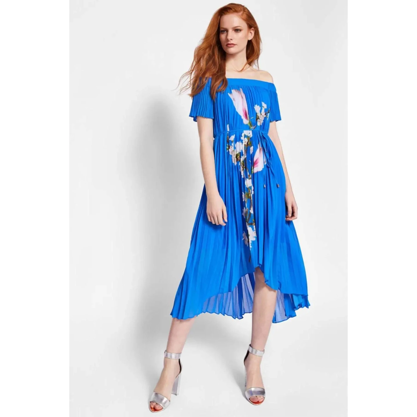 Ted Baker Blue Floral Print Pleated Off-the-Shoulder Dress