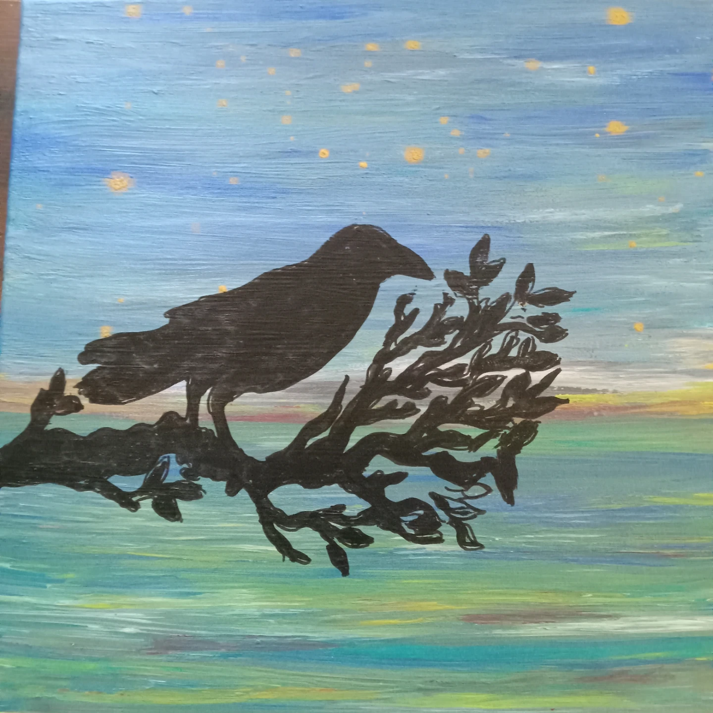 Hand-painted Canvas Art - Crow on a Branch
