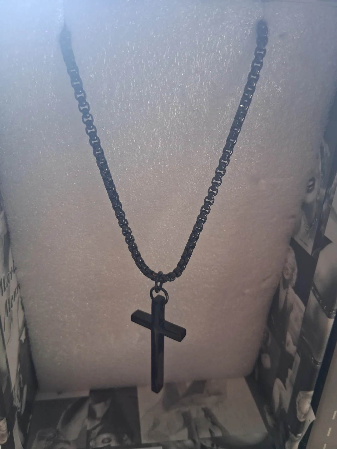 Black Cross Necklace on Marilyn Monroe Themed Box