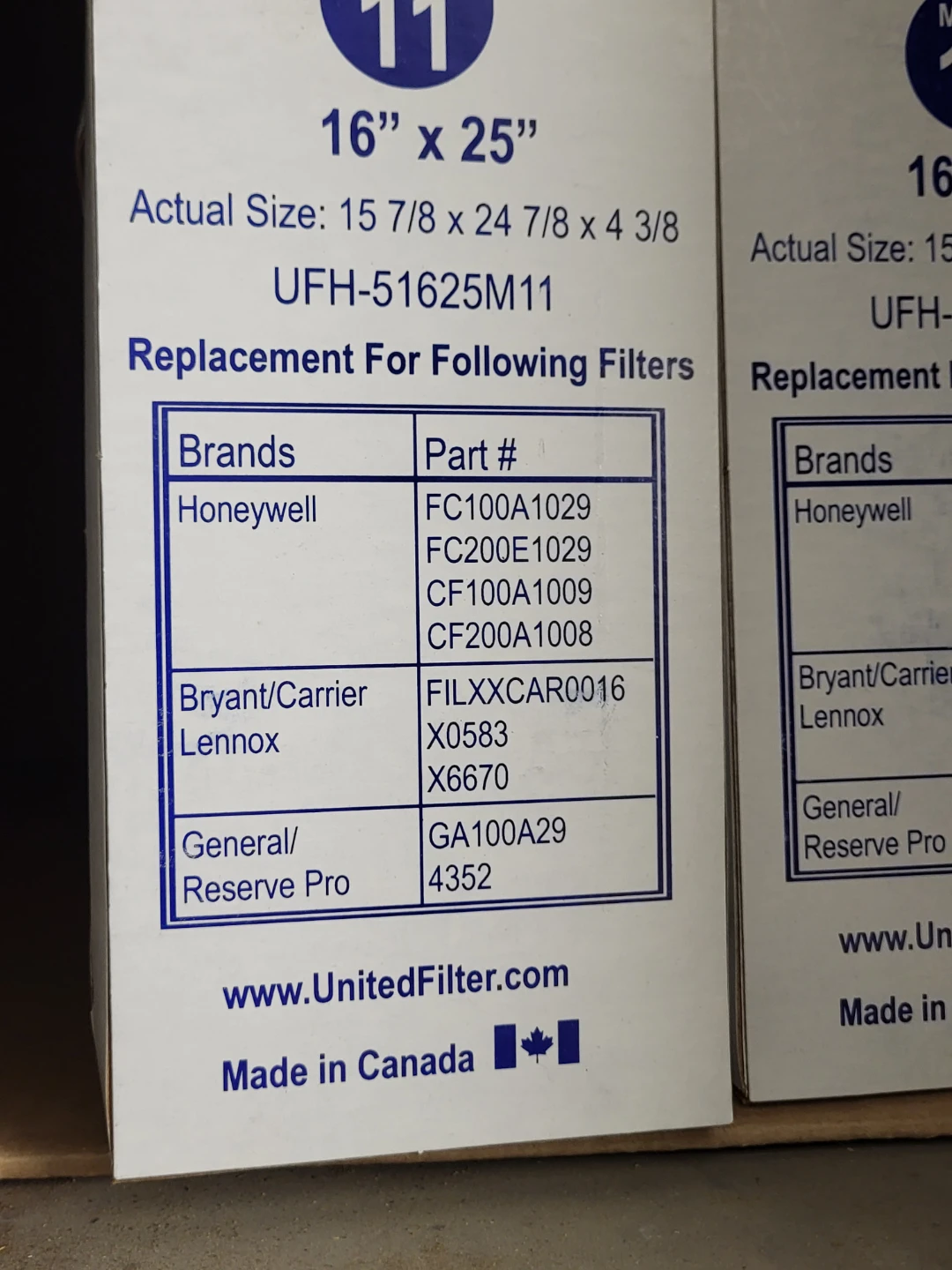 United Filter 16" x 25" MERV 11 Furnace Filter