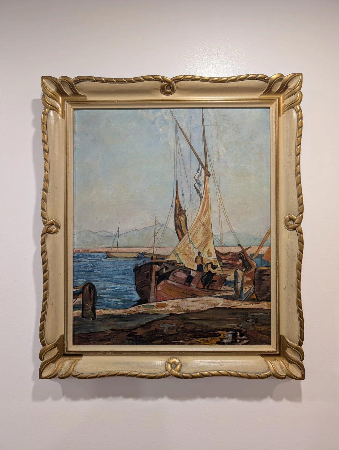 Vintage Oil Painting - "Sailboats at Dock" by CZ Pearlman, 1940