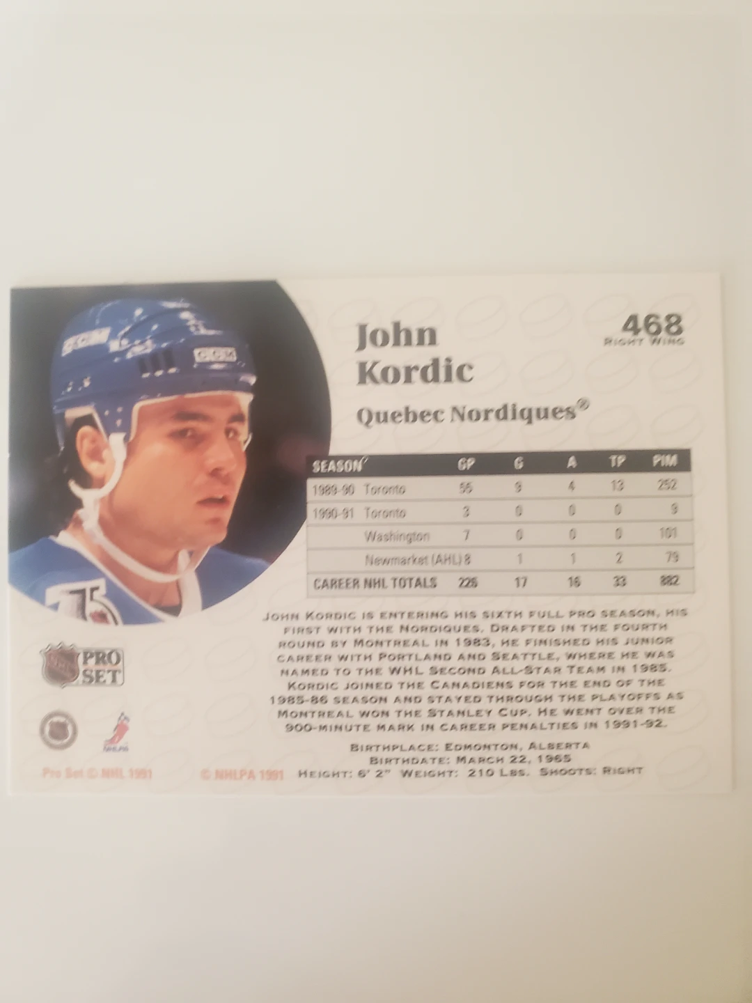 1990-91 Pro Set Hockey Card - John Kordic #468 - photo 2
