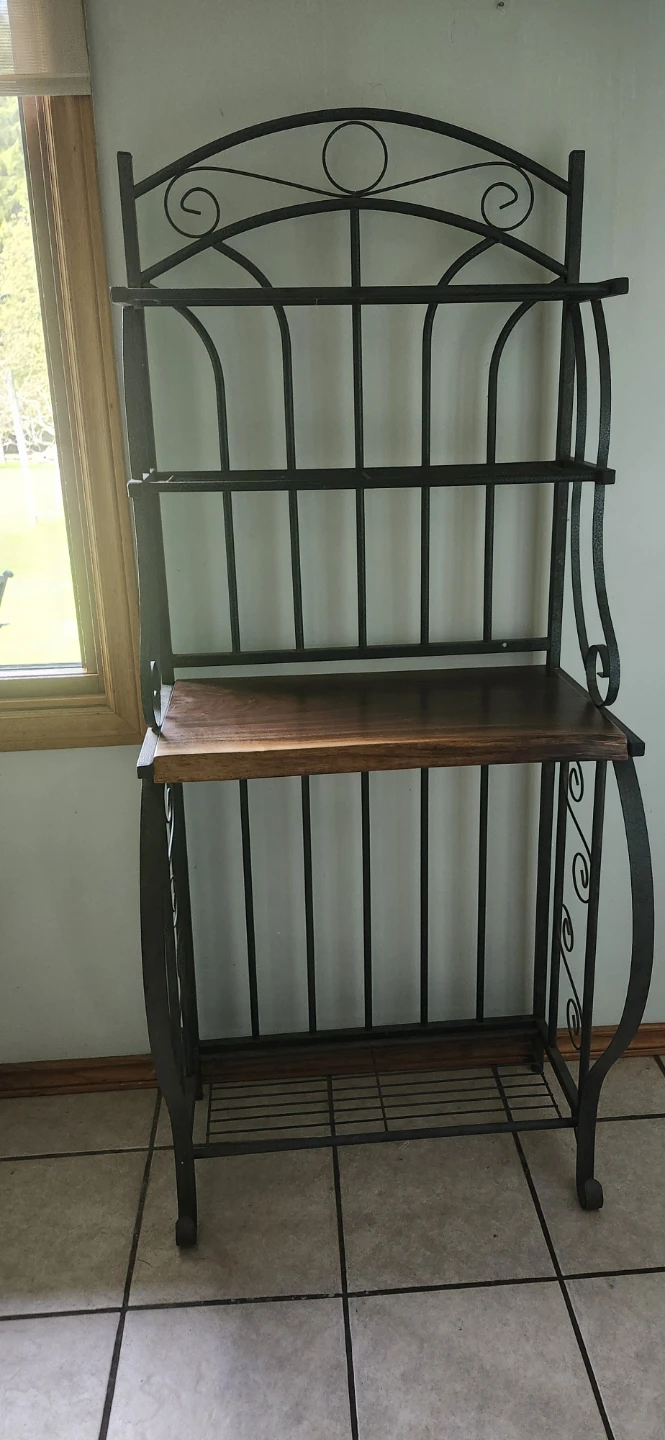 Green Metal Bakers Rack with live edge black walnut shelf