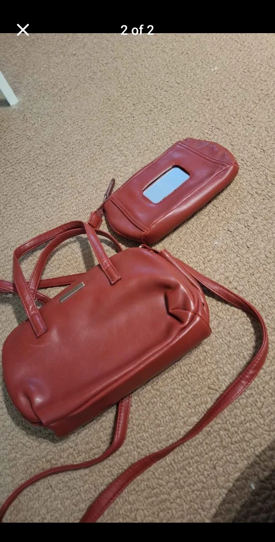 Red Faux Leather Shoulder Bag with Matching Pouch