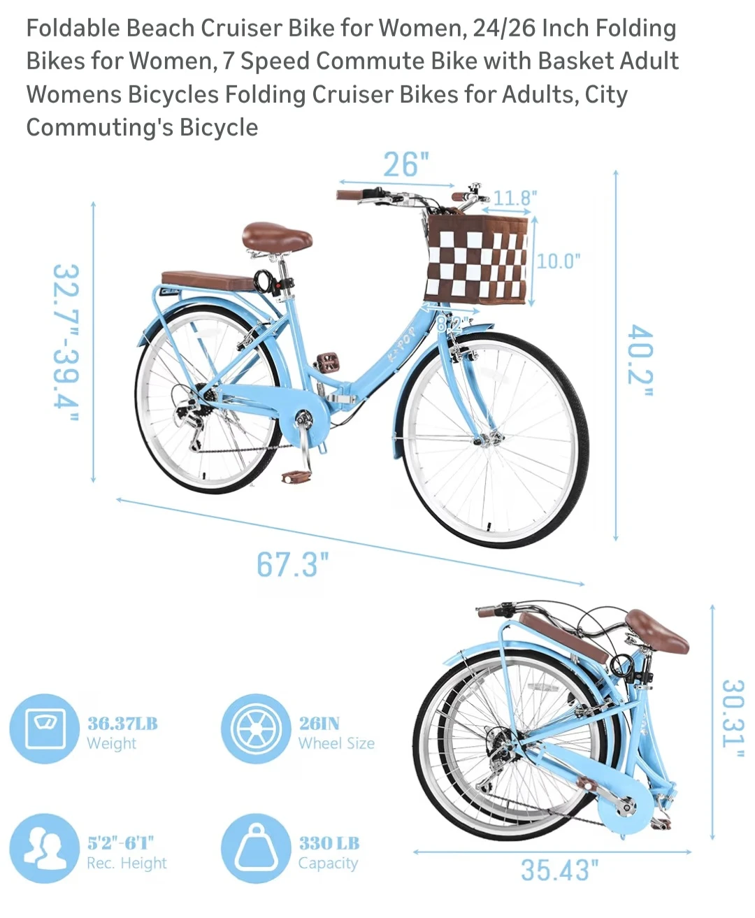 Foldable Beach Cruiser Bike for Women - Blue, 7 Speed