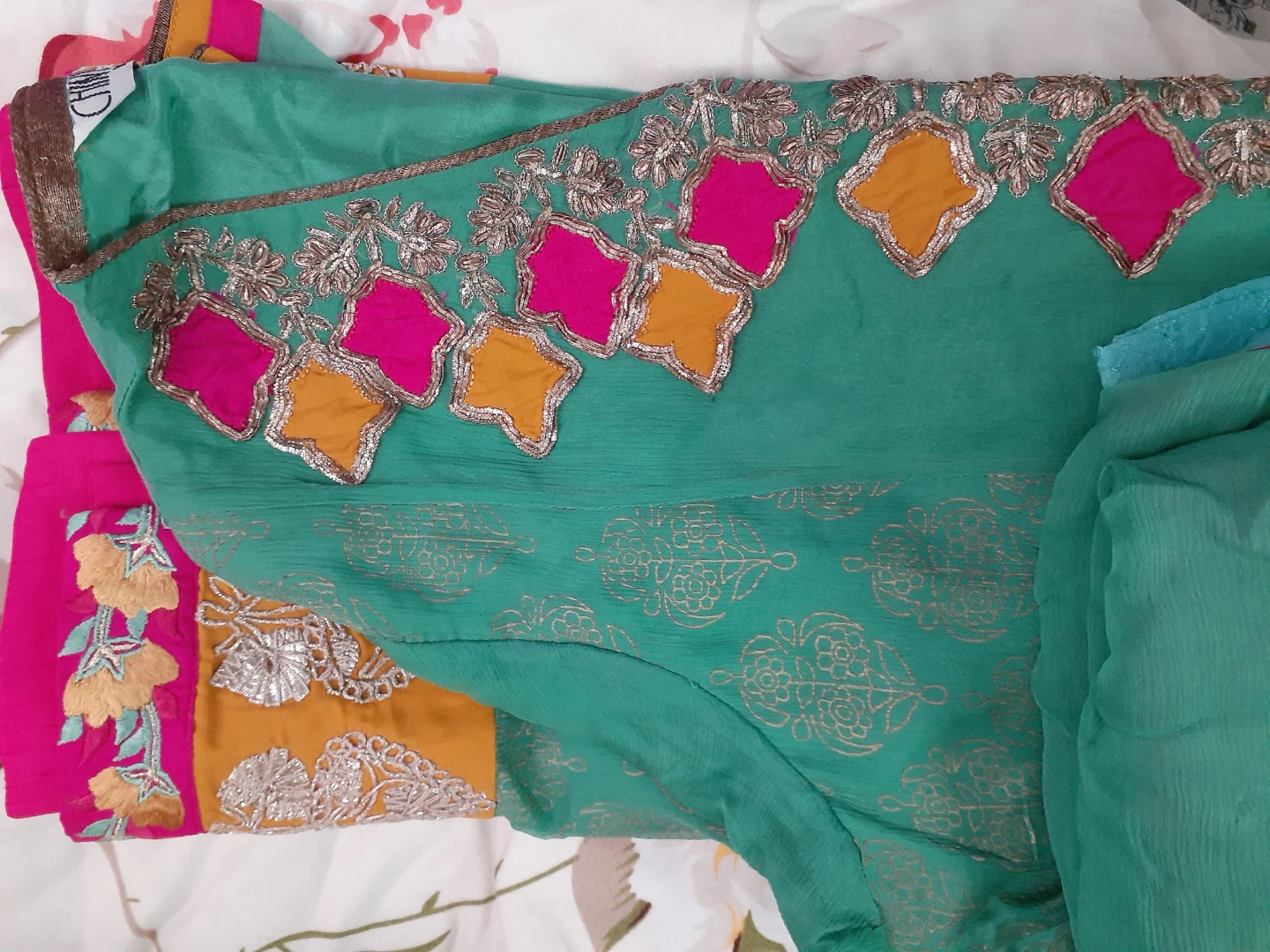 Embroidered Kurti Set with Teal Dupatta