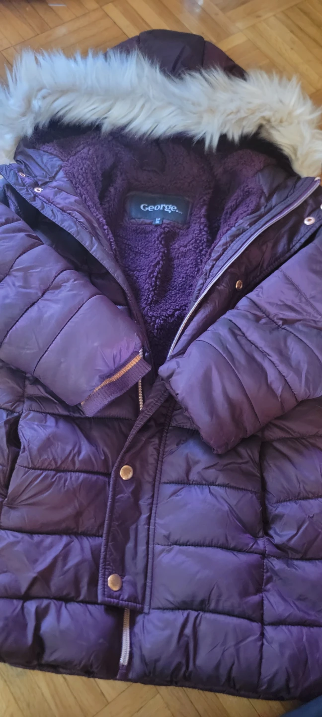 George. Purple Puffer Jacket with Fur Hood - Size S/P
