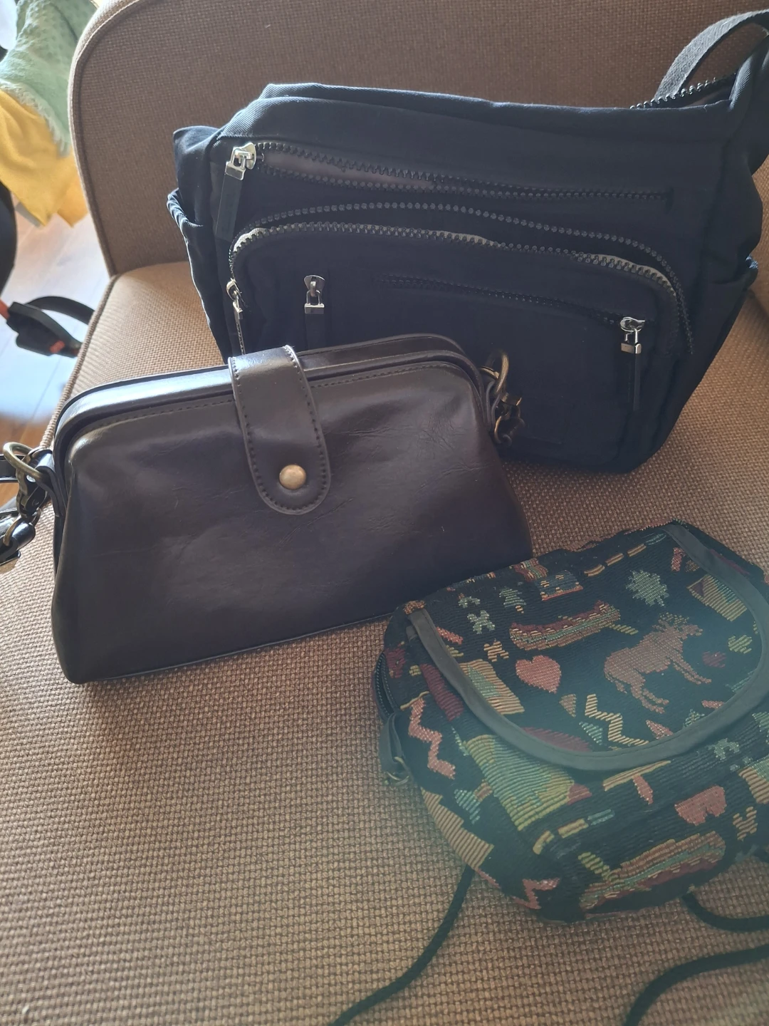3 Bags: Black Nylon, Brown Faux Leather, Patterned Clutch