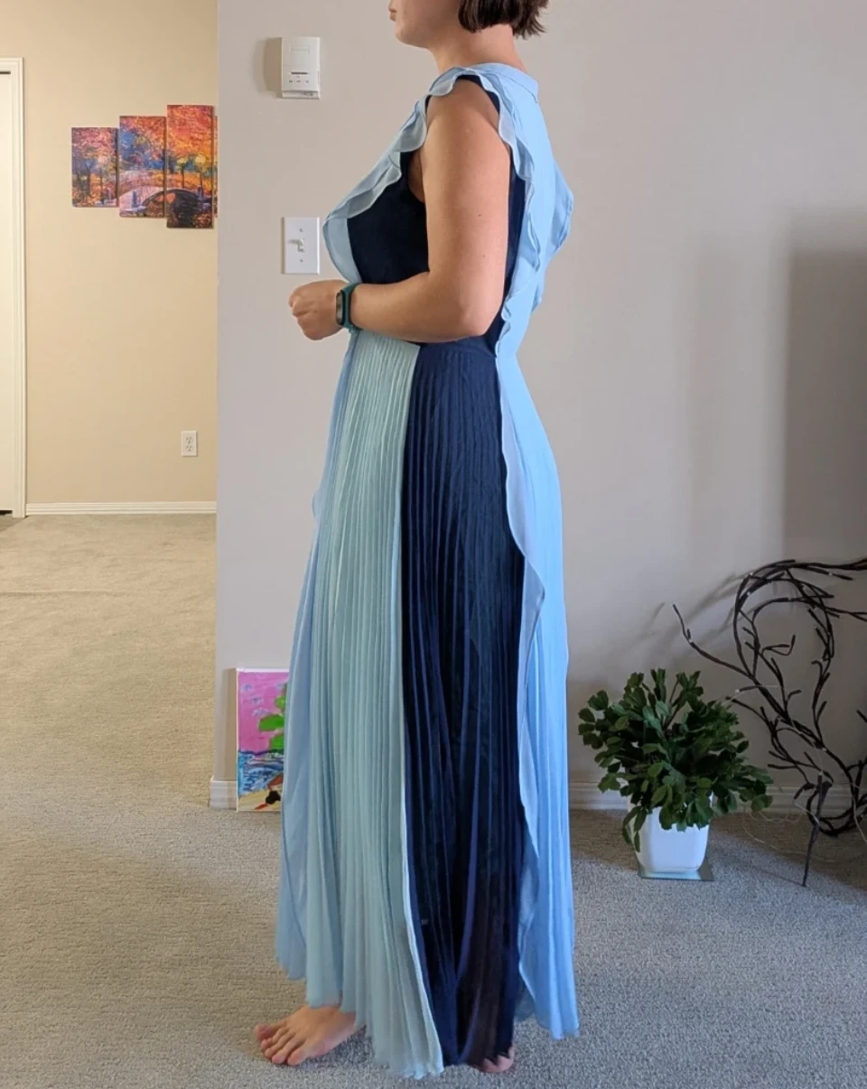 Blue Pleated Maxi Dress with Ruffled Shoulders - photo 2