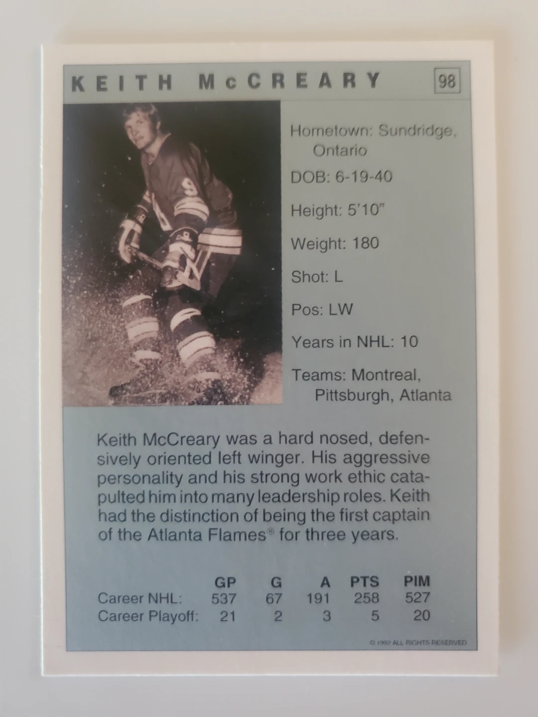 Keith McCreary 1992 O-Pee-Chee Hockey Card - photo 2