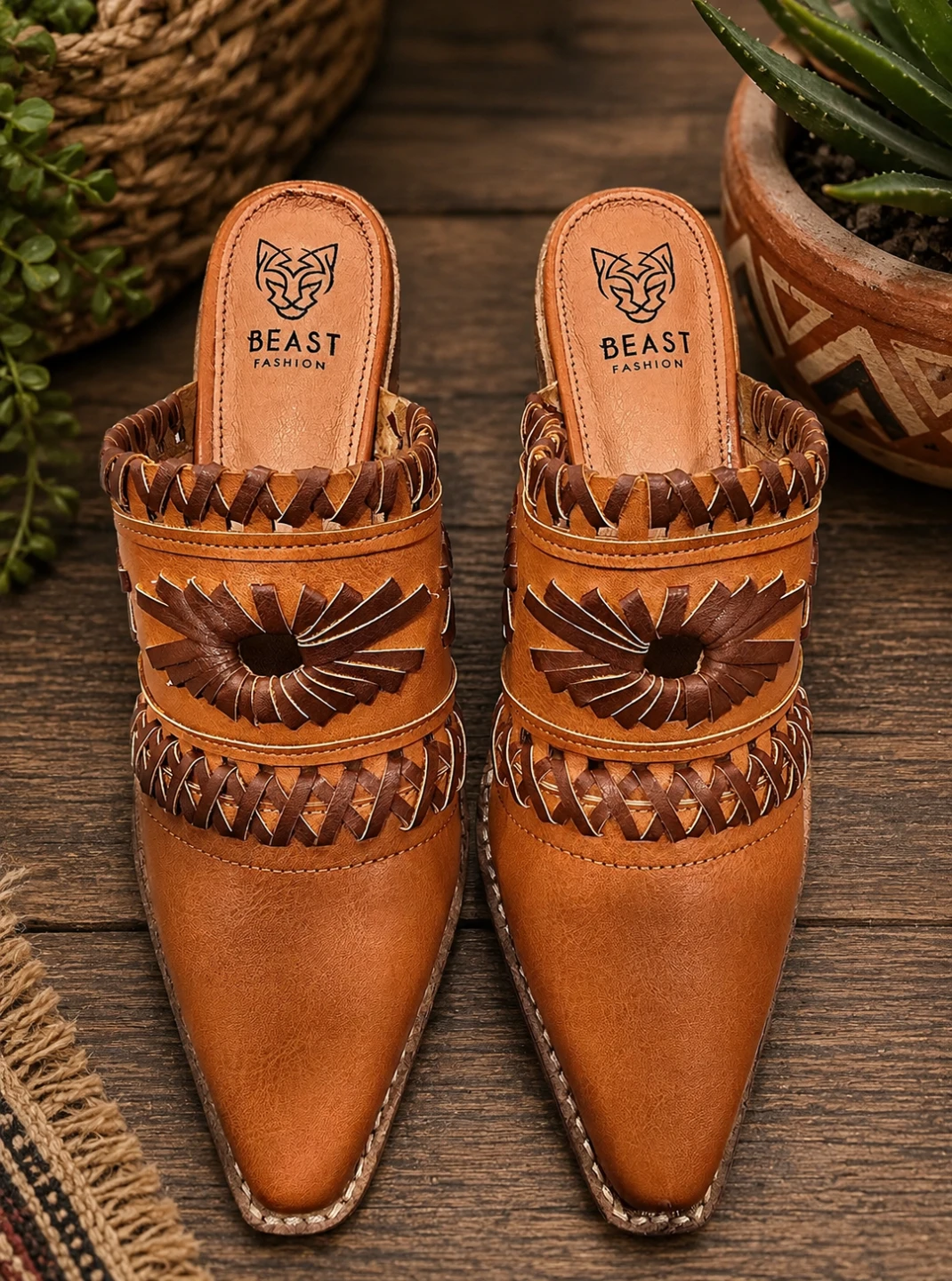 BEAST FASHION Brown Leather Pointed Toe Mules Heels