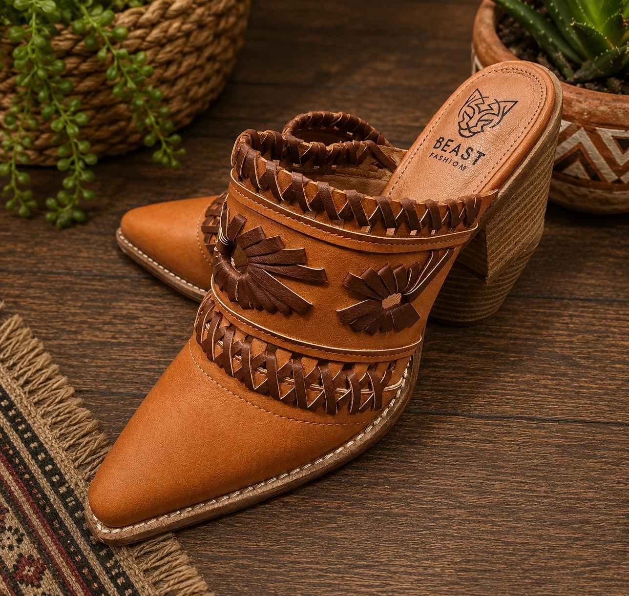 BEAST FASHION Brown Leather Pointed Toe Mules Heels - photo 2