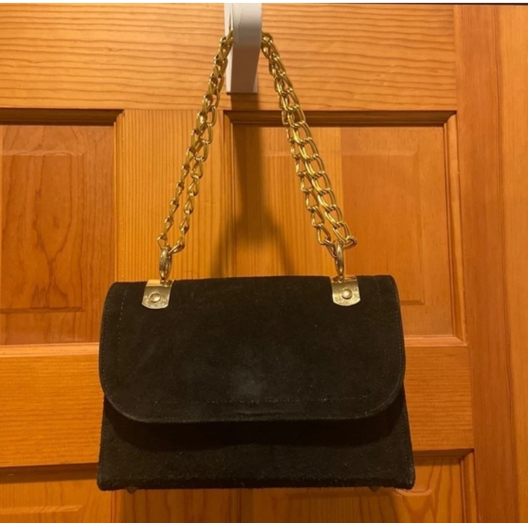Vintage Classic Black Suede Mini Shoulder Bag with Gold Chain