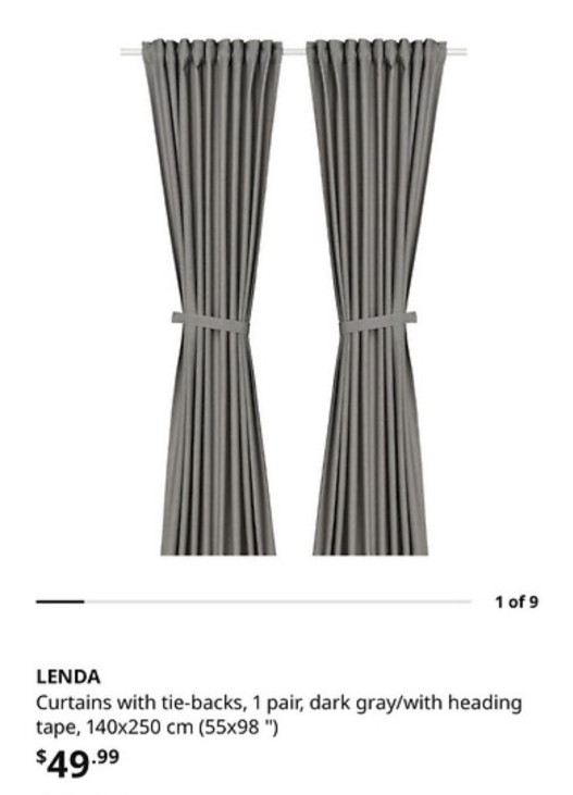 IKEA LENDA Curtains with Tie-backs - Dark Grey (140x250cm)