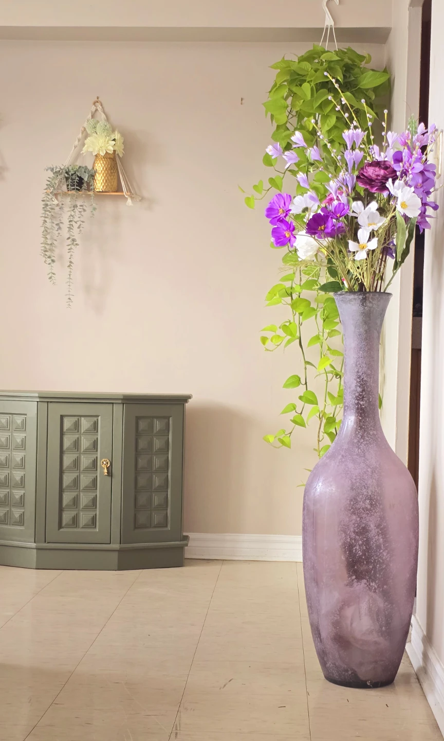 Large Frosted Purple Floor Vase with Artificial Flowers