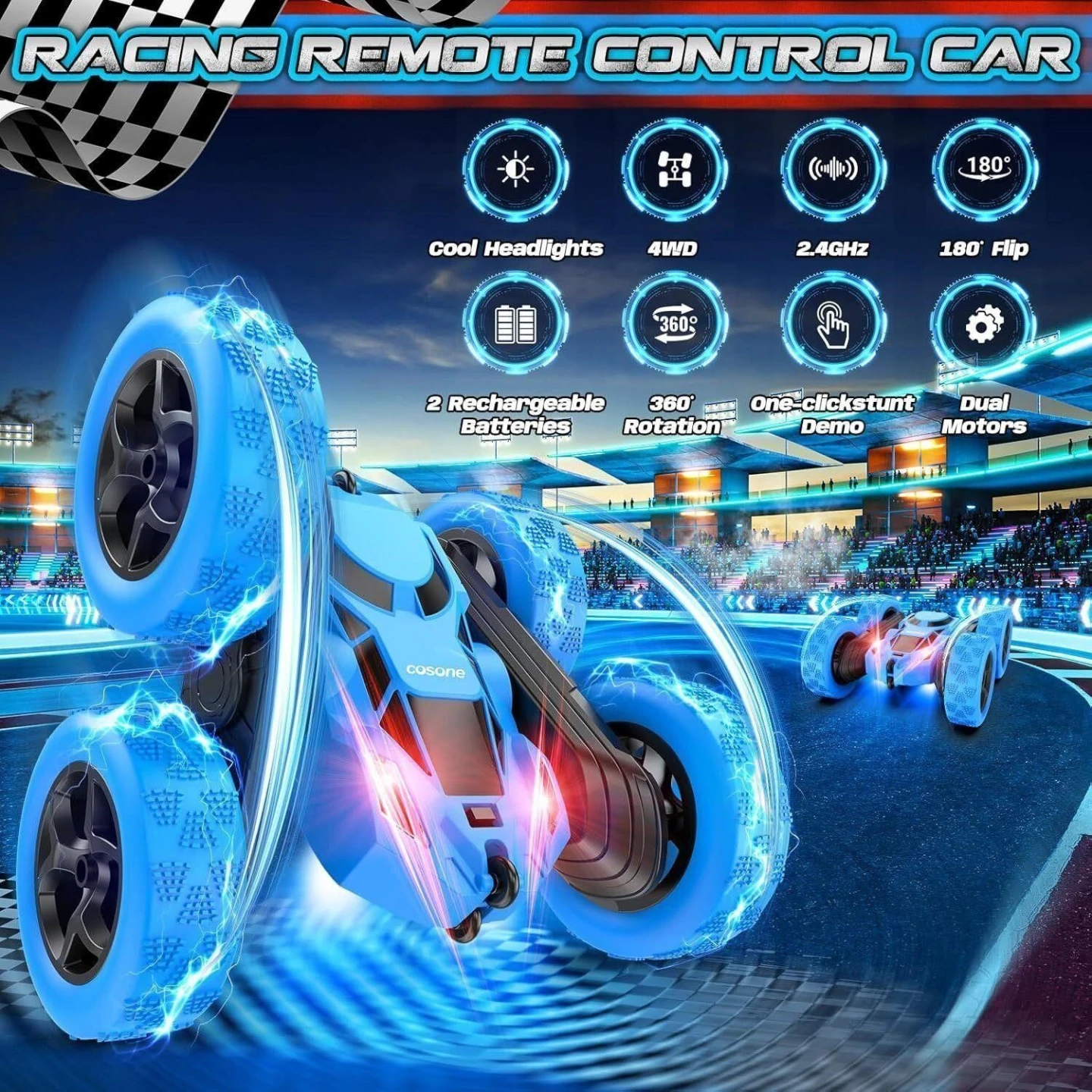 Blue Remote Control Stunt Car - USB-C Rechargeable