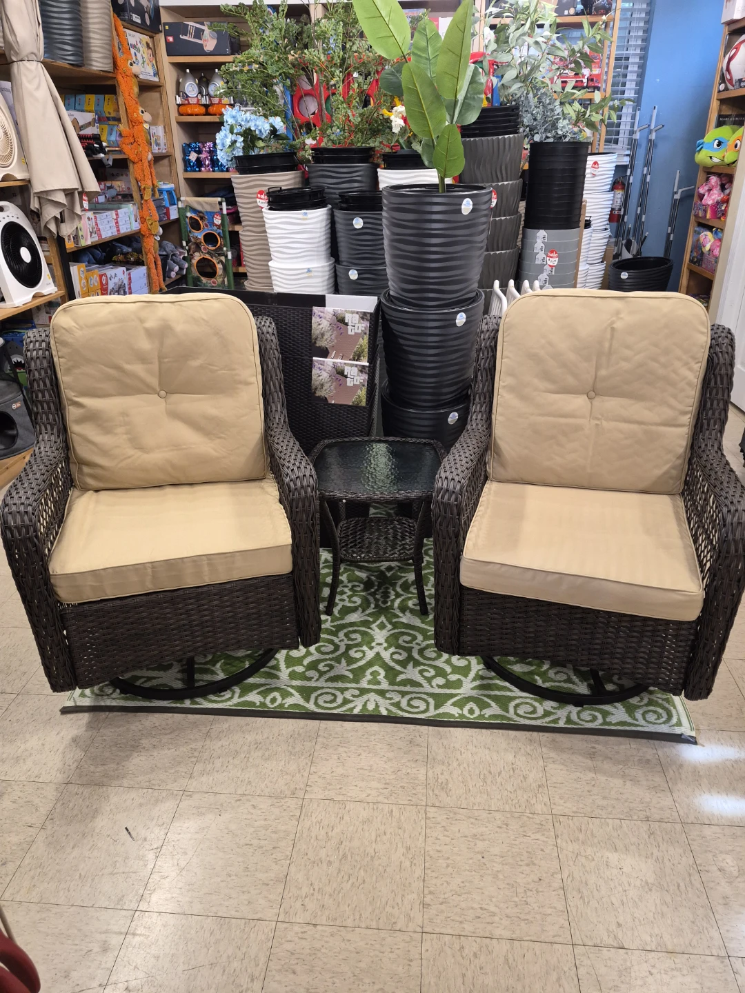 Wicker Swivel gliding Chairs with Glass Top Side Table Set