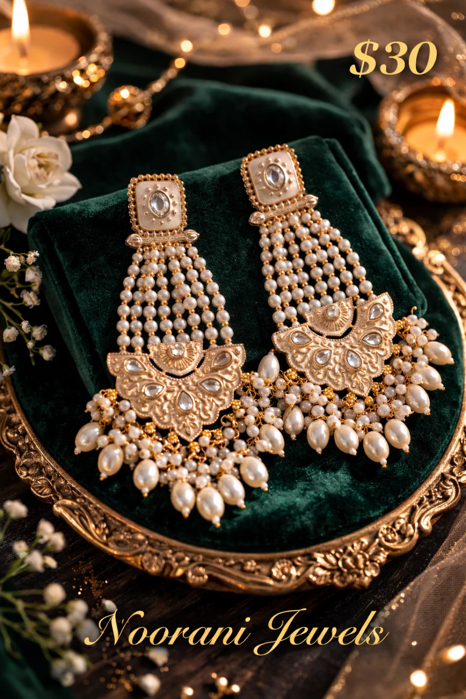 Noorani Jewels White Pearl Chandelier Earrings
