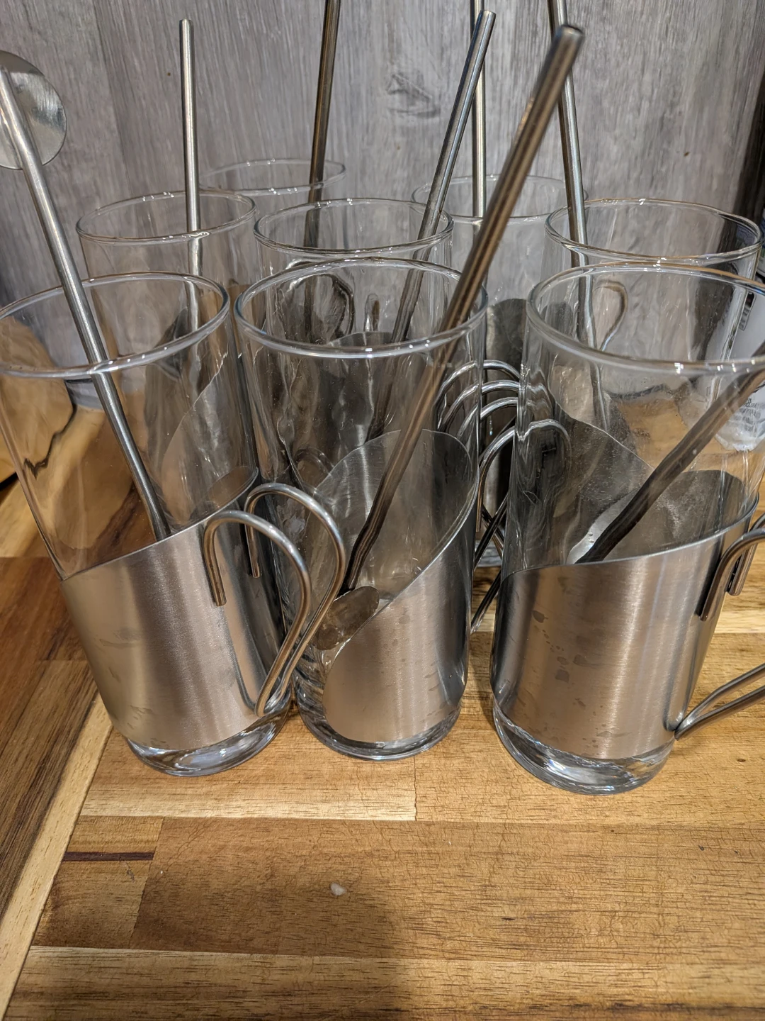 Set of 8 Glass Tumblers with Metal Holders and Stirrers