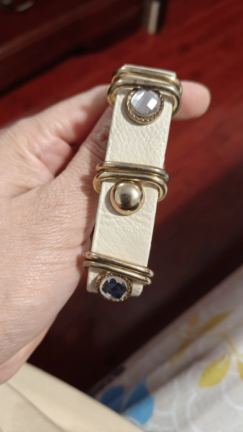 White leather-look bracelet with gold accents and rhinestones - photo 3