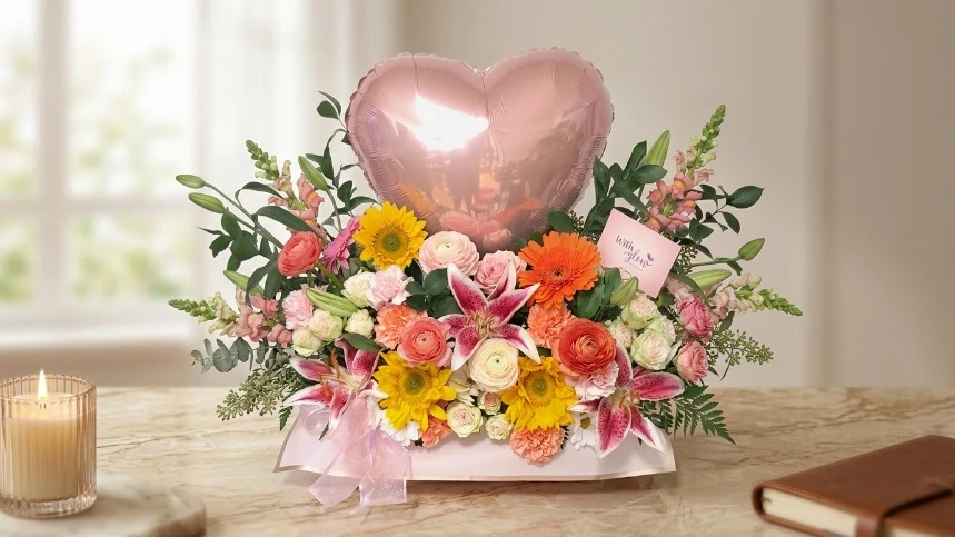 Heart Balloon and Flower Arrangement
