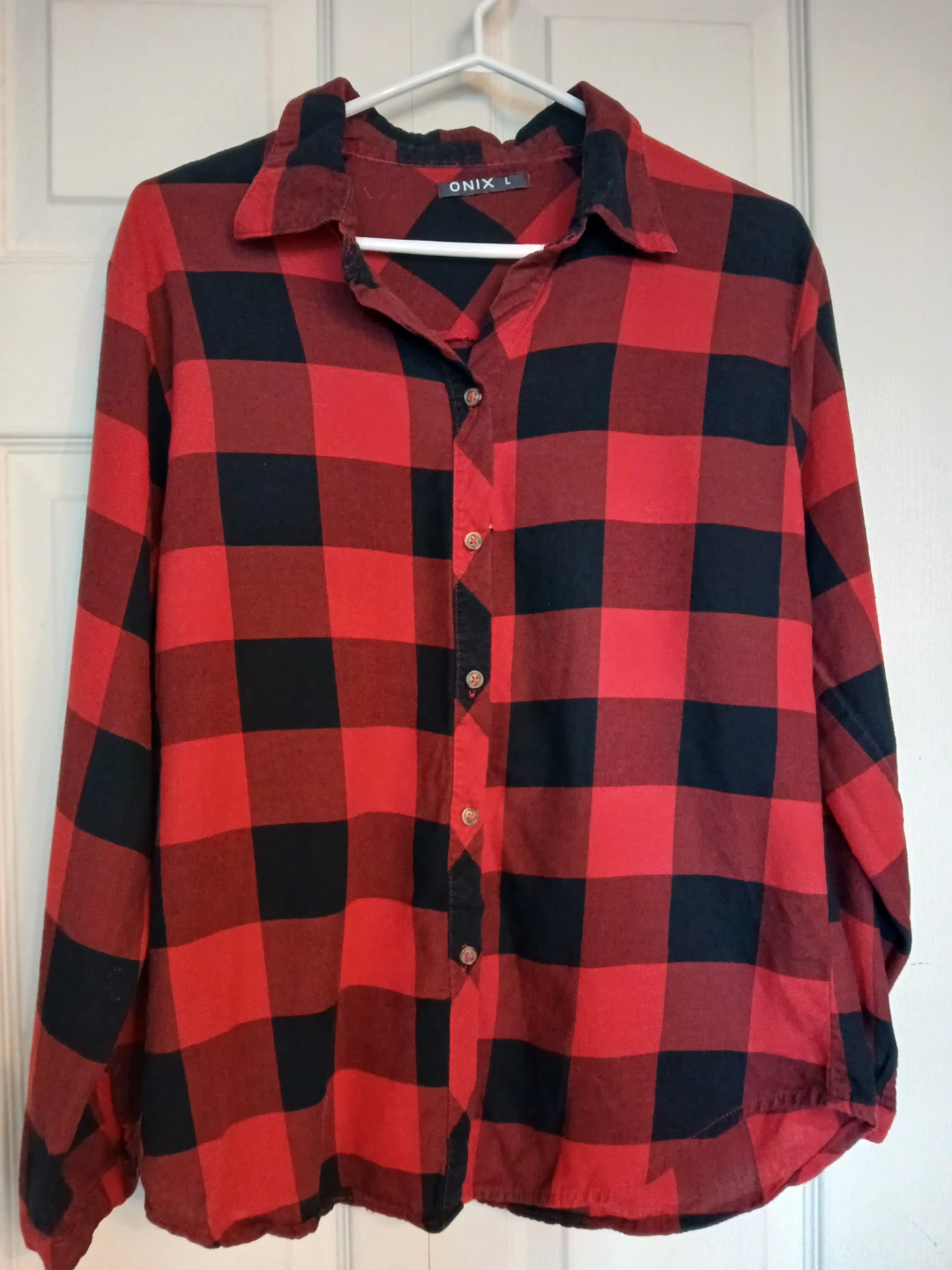 Plaid red and black button up long sleeve top size large L - photo 5