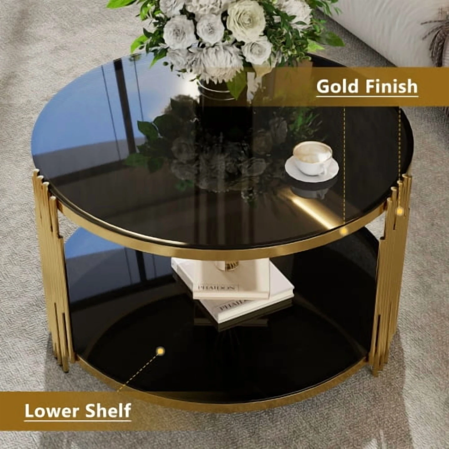 Round Coffee Table with Black Mirror Top and Gold Finish