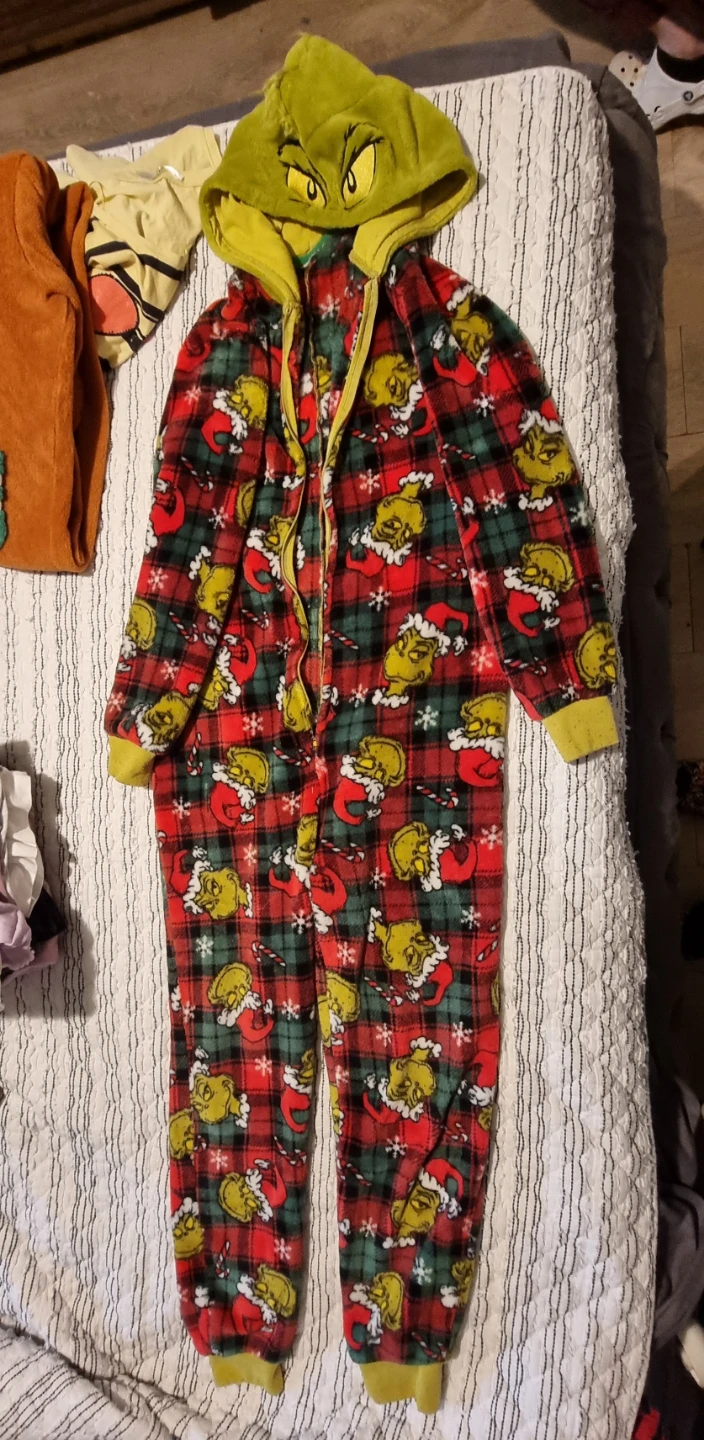 Grinch Plaid Fleece Hooded Onesie Pajamas