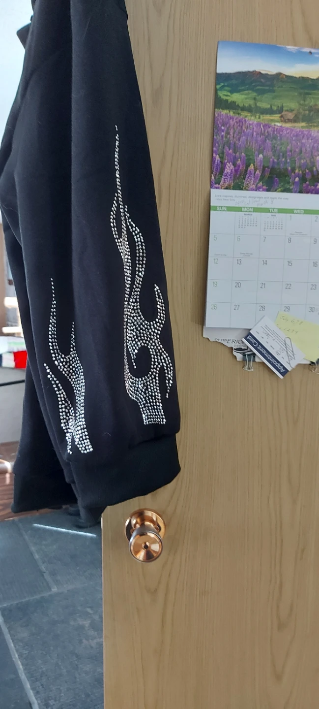 Black Full Zip Hoodie with Rhinestone Flames - photo 2