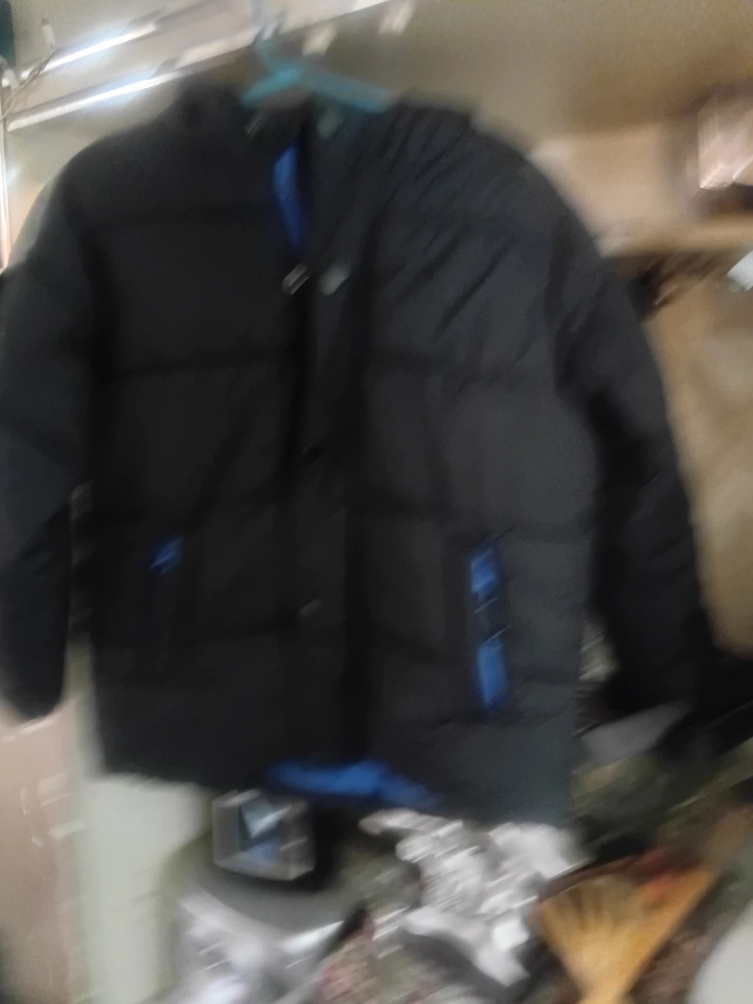 Black Puffer Jacket with Blue Accents
